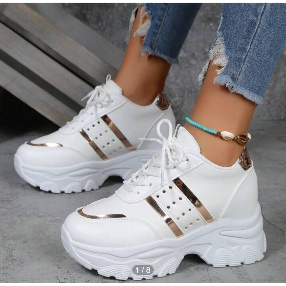 Thick Sole white Sporty Sneakers Inner Height Chunky dad grandpa tennis shoe 7.5